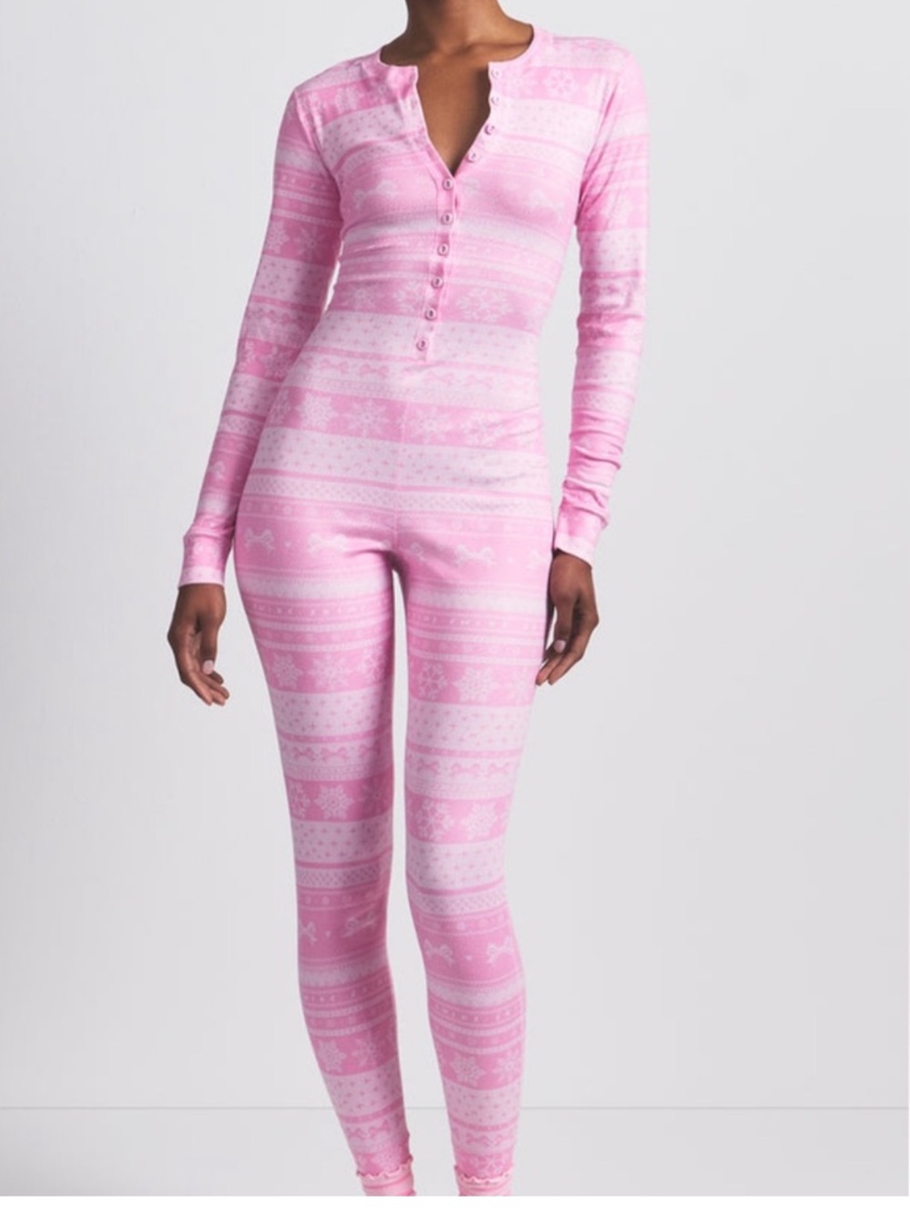 SKIMS NWT Logo Pointelle Henley Onesie - Bubblegum Bow Fairisle